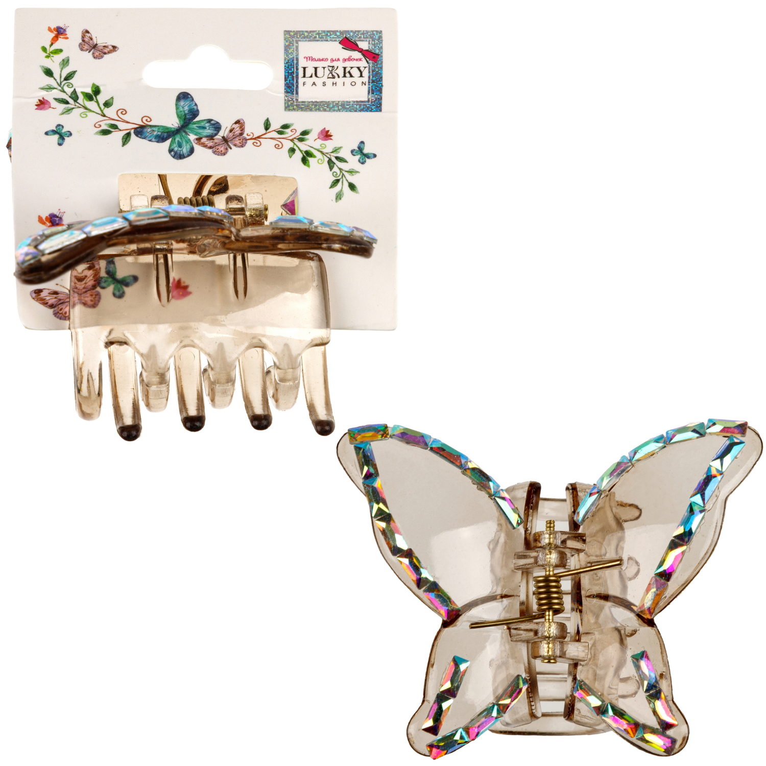 Lukky Fashion заколка-краб д.волос Бабочка Crystal с голограф.отделкой,4 цв.:золотой/розовый/малиновый/серебряный микс