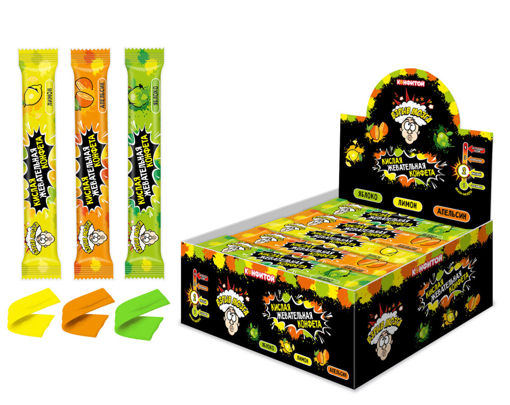ВЗРЫВ МОЗГА жевательная конфета (лимон, яблоко, апельсин), блок 75 шт. (20г х 75 х 9)