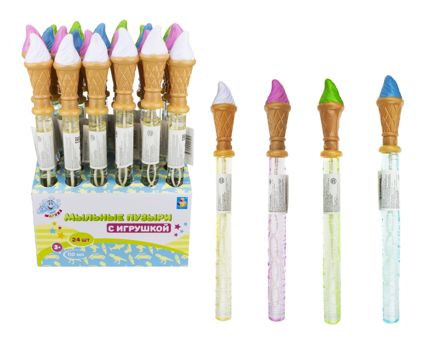 Мыльные пузыри с игрушкой 1TOY Мы-шарики! Мороженое, 110 мл, 4 цвета в ассортименте