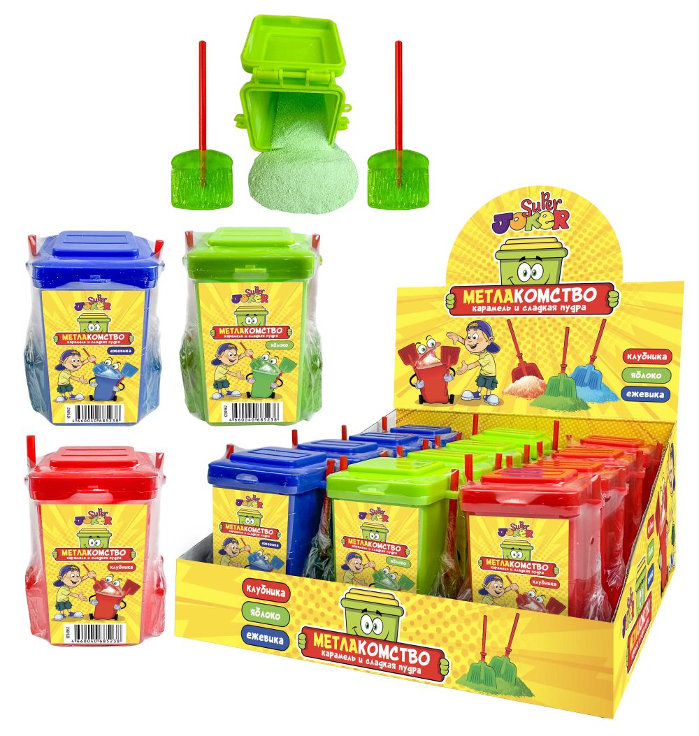 SUPER JOKER Метлакомство карамель на палочке (2 шт) и сладкая пудра, блок 12 шт. (40г х 12 х 12)