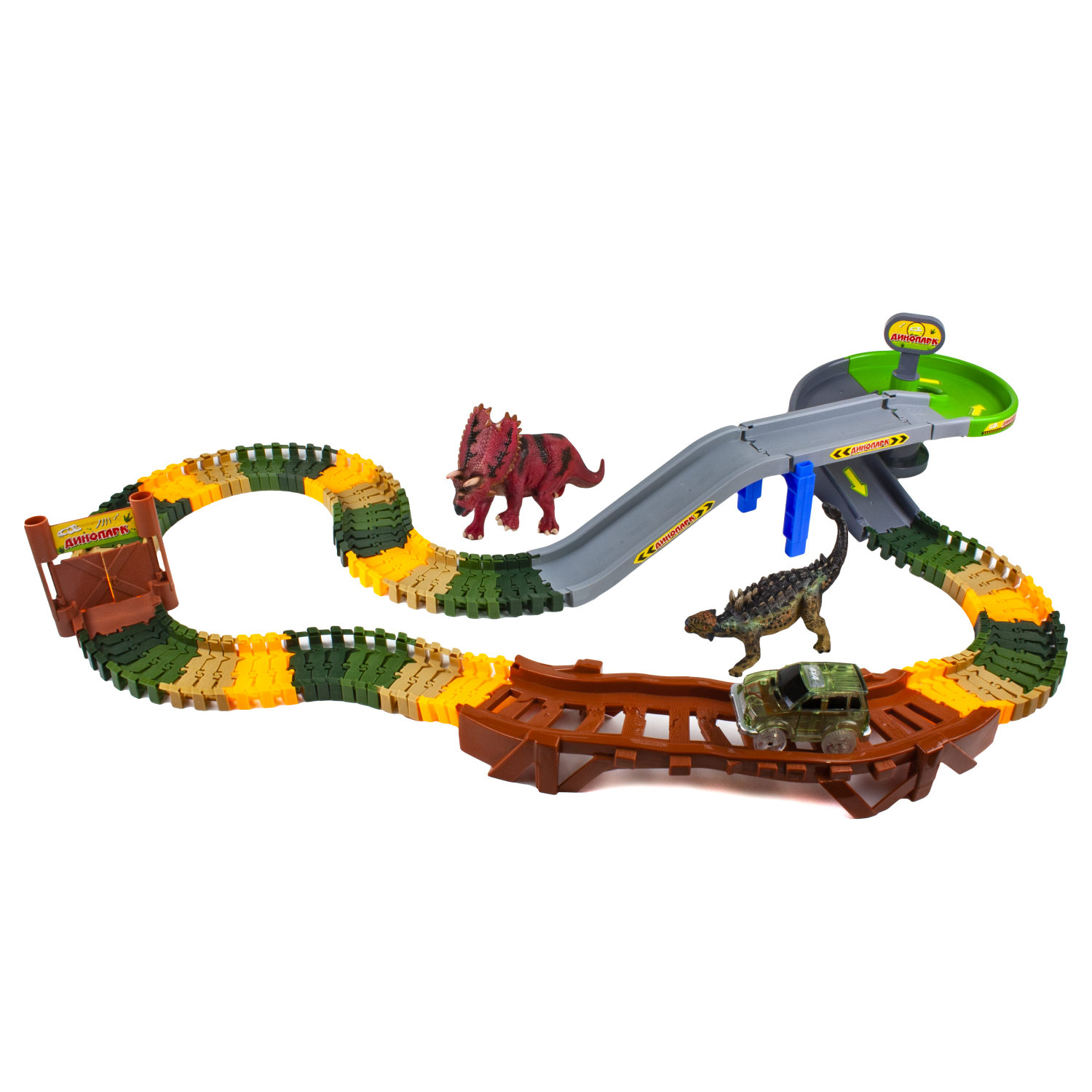 Игровой набор 1TOY Гибкий трек "Динопарк", 108 деталей, эстакада, туннель, два динозавра, машинка