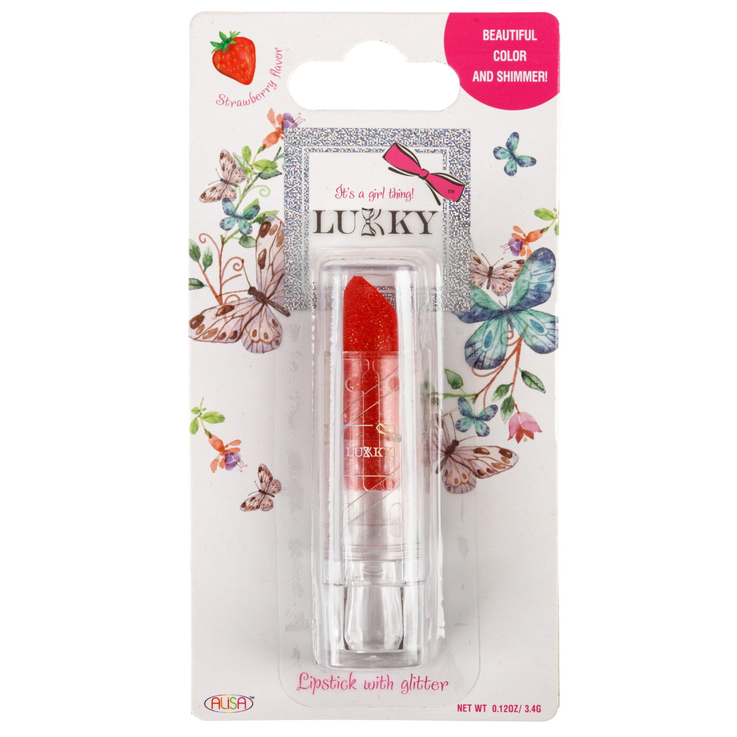 Помада для губ LUKKY с блёстками, с ароматом клубники, красный