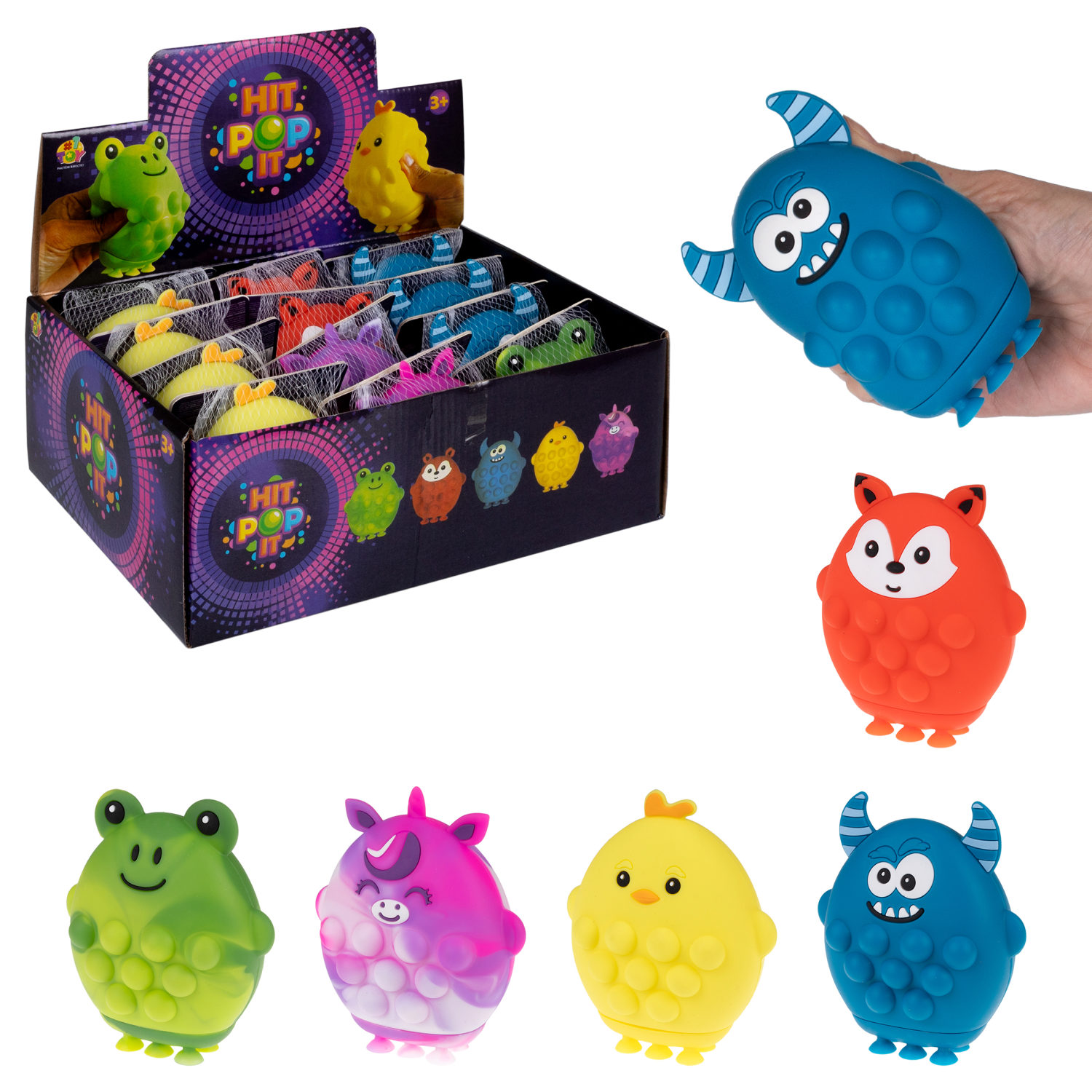 1TOY Жмяка Hit Pop It "Животные" 11х9х5 см, 5 видов на присосках в ассортименте