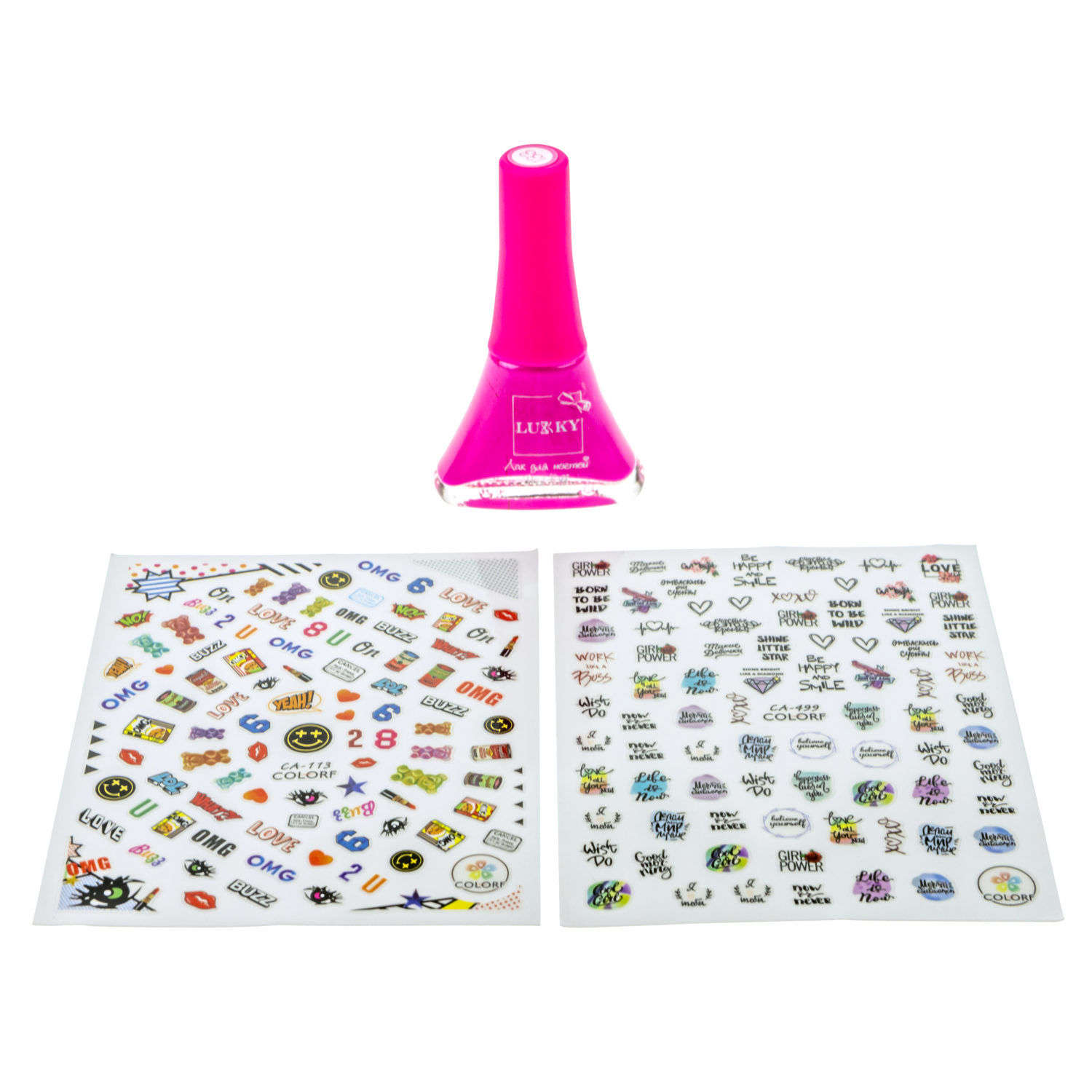 Набор для маникюра детский LUKKY Нэйл-Дизайн 2 Мемы: лак для ногтей фуксия и наклейки 
