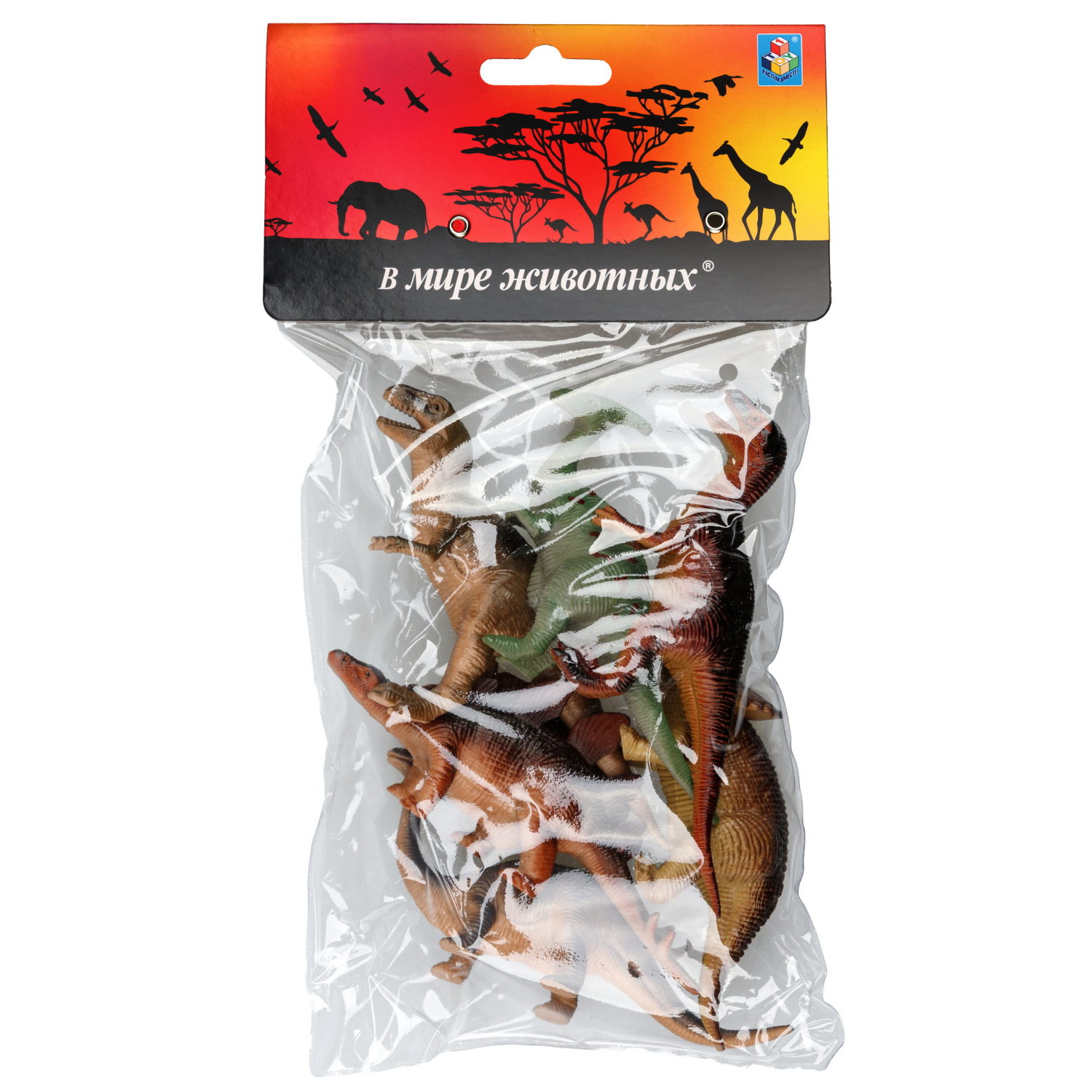 Игровой набор 1TOY "В мире животных", фигурки динозавров: тираннозавр рекс, брахиозавр, стегозавр, птеранодон, трицератопс, велоцираптор, 6 шт., 10 см
