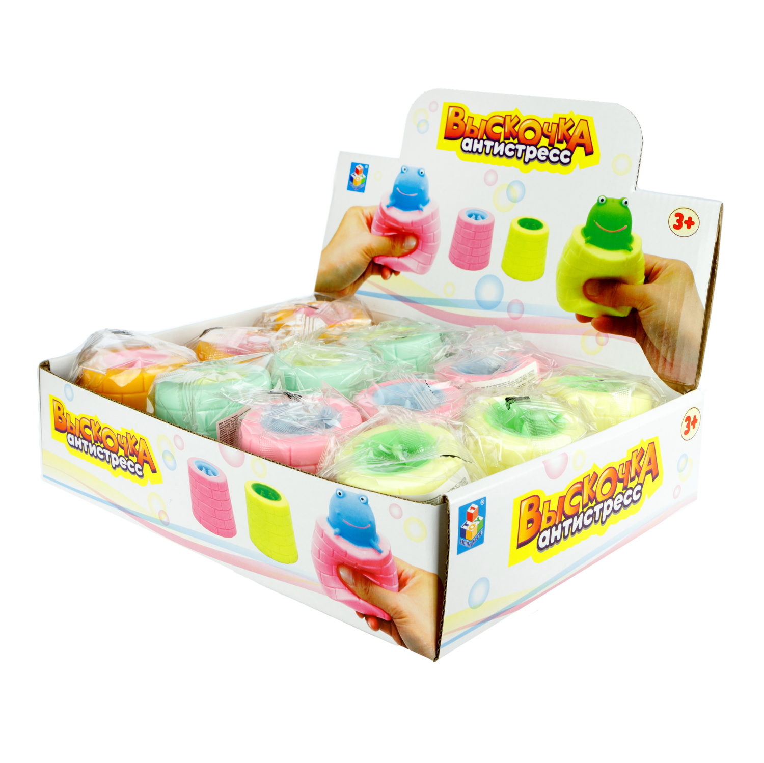 1Toy Жмяка "Выскочка. Лягушка" 6х6х6 см, 4 вида в асс., 12 шт. в д/б