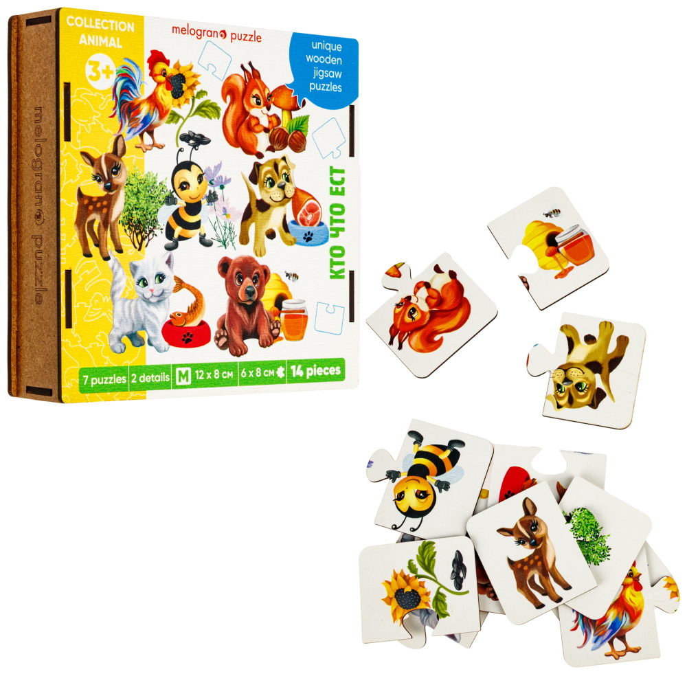 Деревянные пазлы Collection Animals, 7 животных из двух частей, 14 деталей