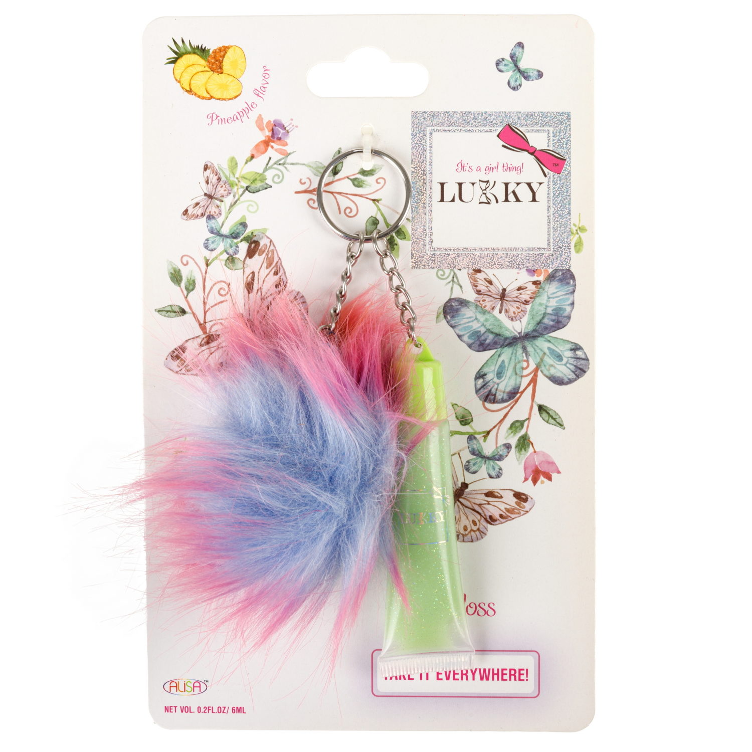 Блеск для губ LUKKY салатовый с блестками, ананасовый 6мл.+брелоком