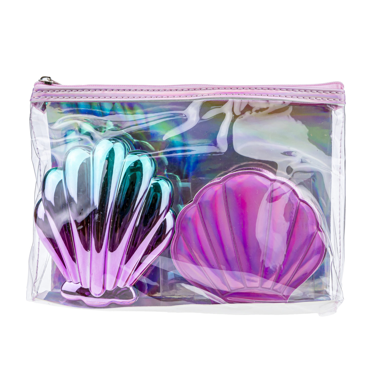 Lukky Набор 3 в 1: расческа+зеркальце "Ракушки" в косметичке, розовый