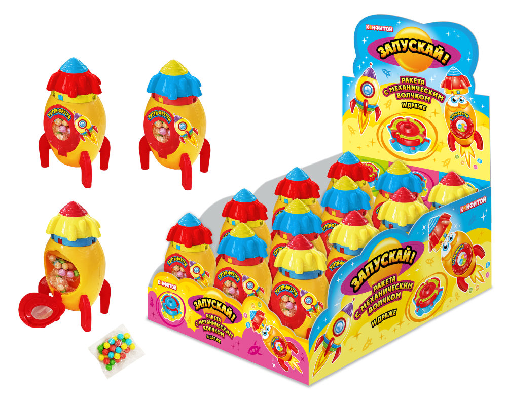 ЗАПУСКАЙ! Ракета с волчком игрушка с конфетами,  блок 12 шт. (5г х 12 х 12)