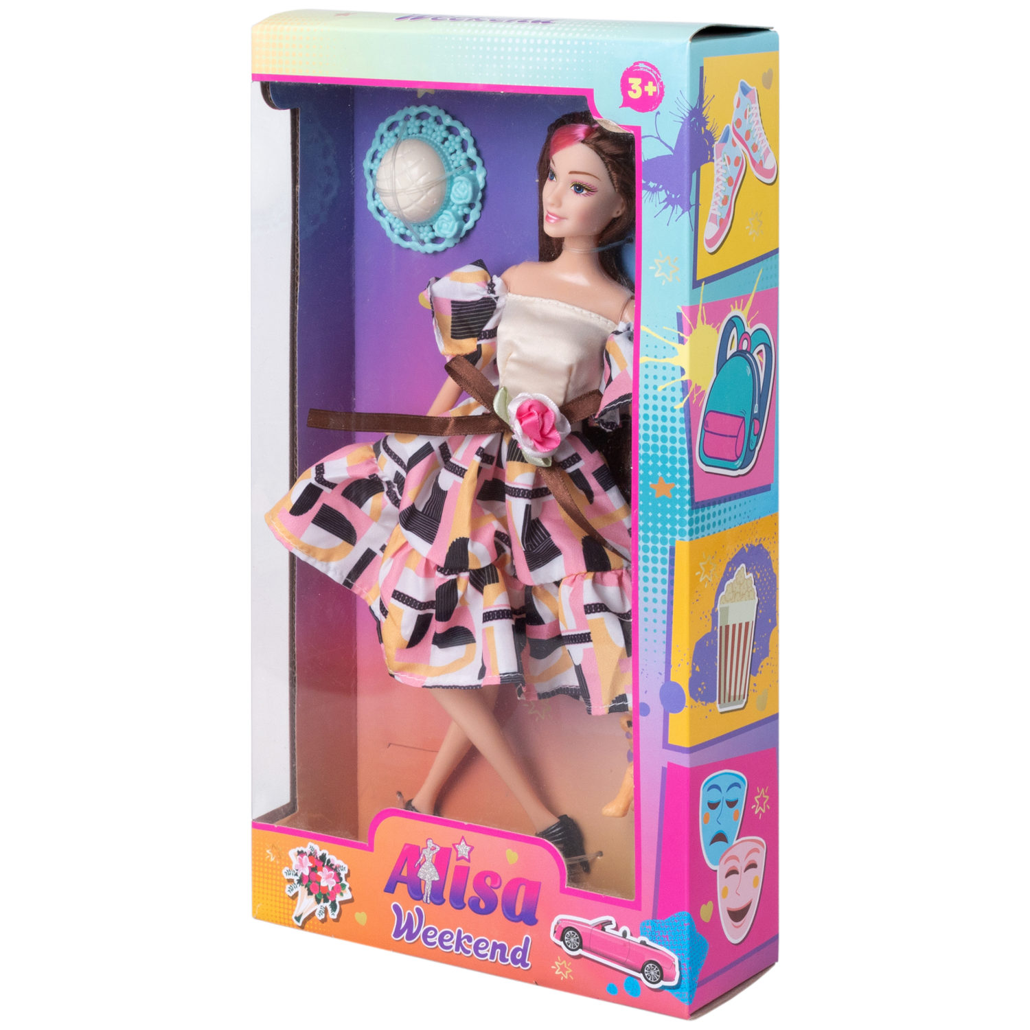 Кукла Alisa Weekend с розовой прядью, в цветном платье, со шляпкой и питомцем, 29 см