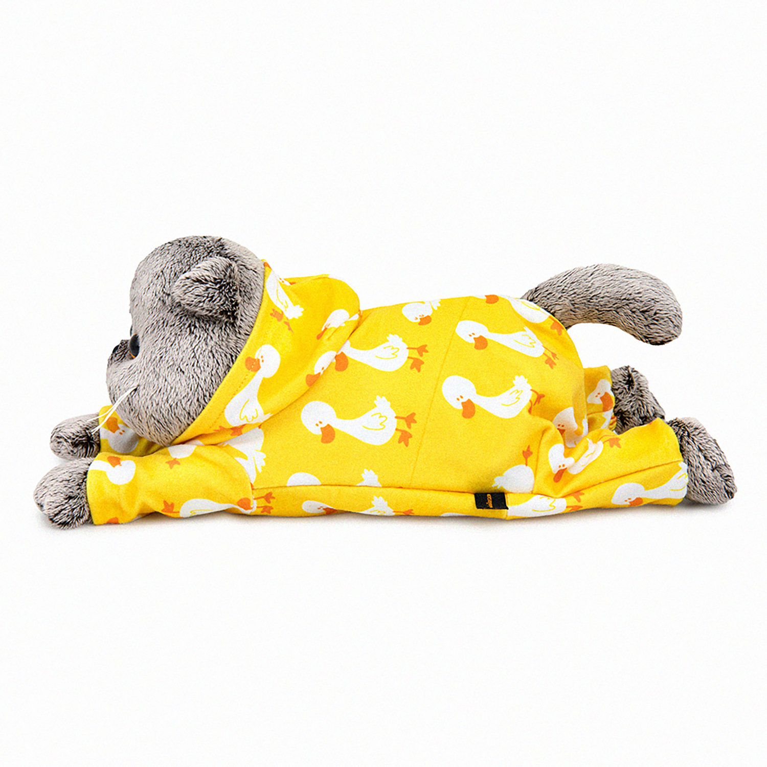 Мягкая игрушка Кот Басик в комбинезоне с принтом "Гусик" (лежачий), 25 см