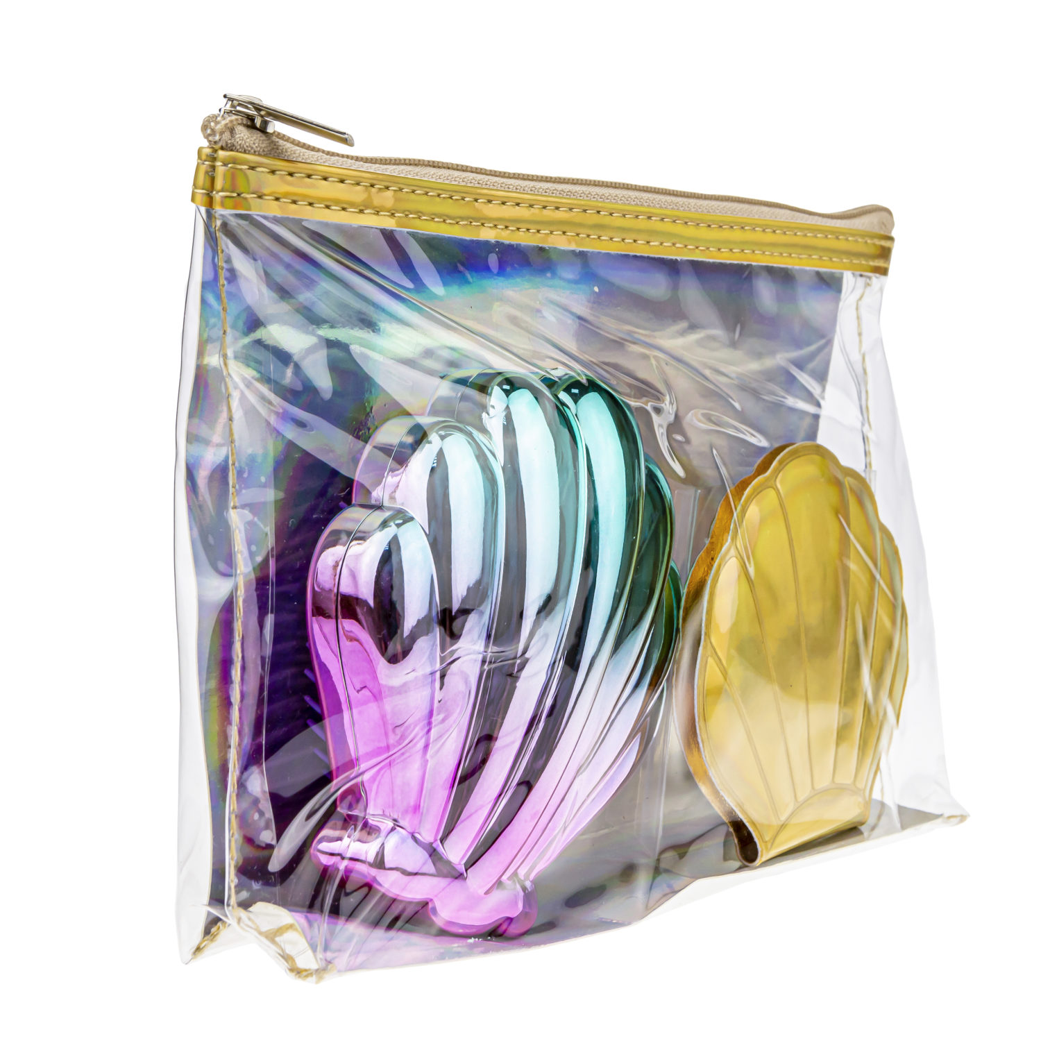 Lukky Набор 3 в 1: расческа+зеркальце "Ракушки" в косметичке, золотистый