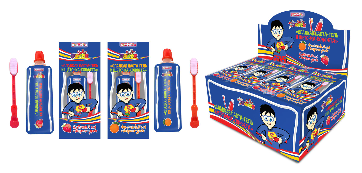 SUPER JOKER сладкая паста и щёточка-конфета, блок 30 шт. (13г х 30 х 20)