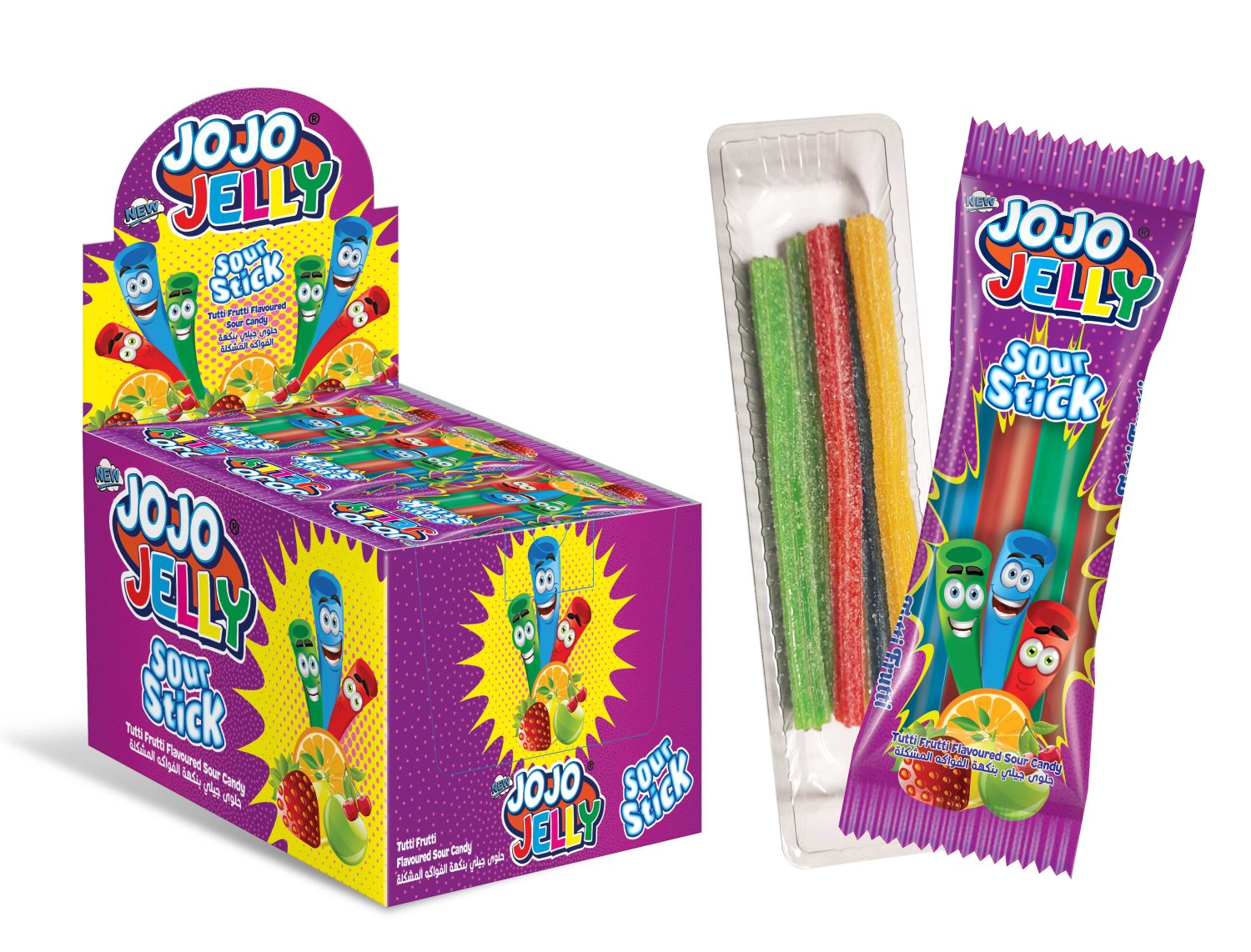 JOJO JELLY Кислые трубочки тутти фрутти жевательный мармелад, блок 24 шт. (20г х 24 х 12)
