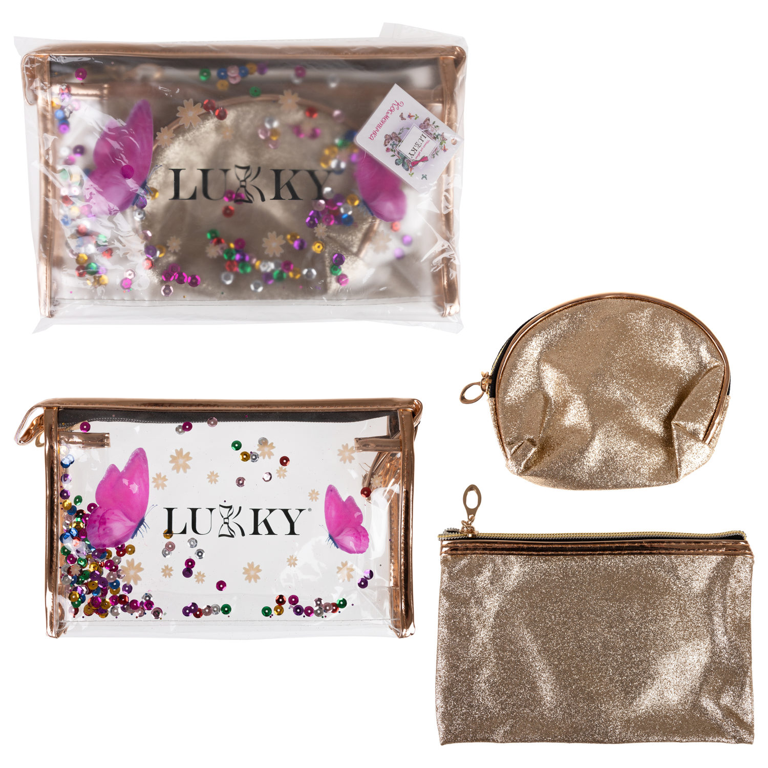 Набор из косметичек 3в1 Lukky Glam Trio прозрачная с подвижными блестками (23.5*14*7 см), средняя и маленькая из блестящей искусственной кожи