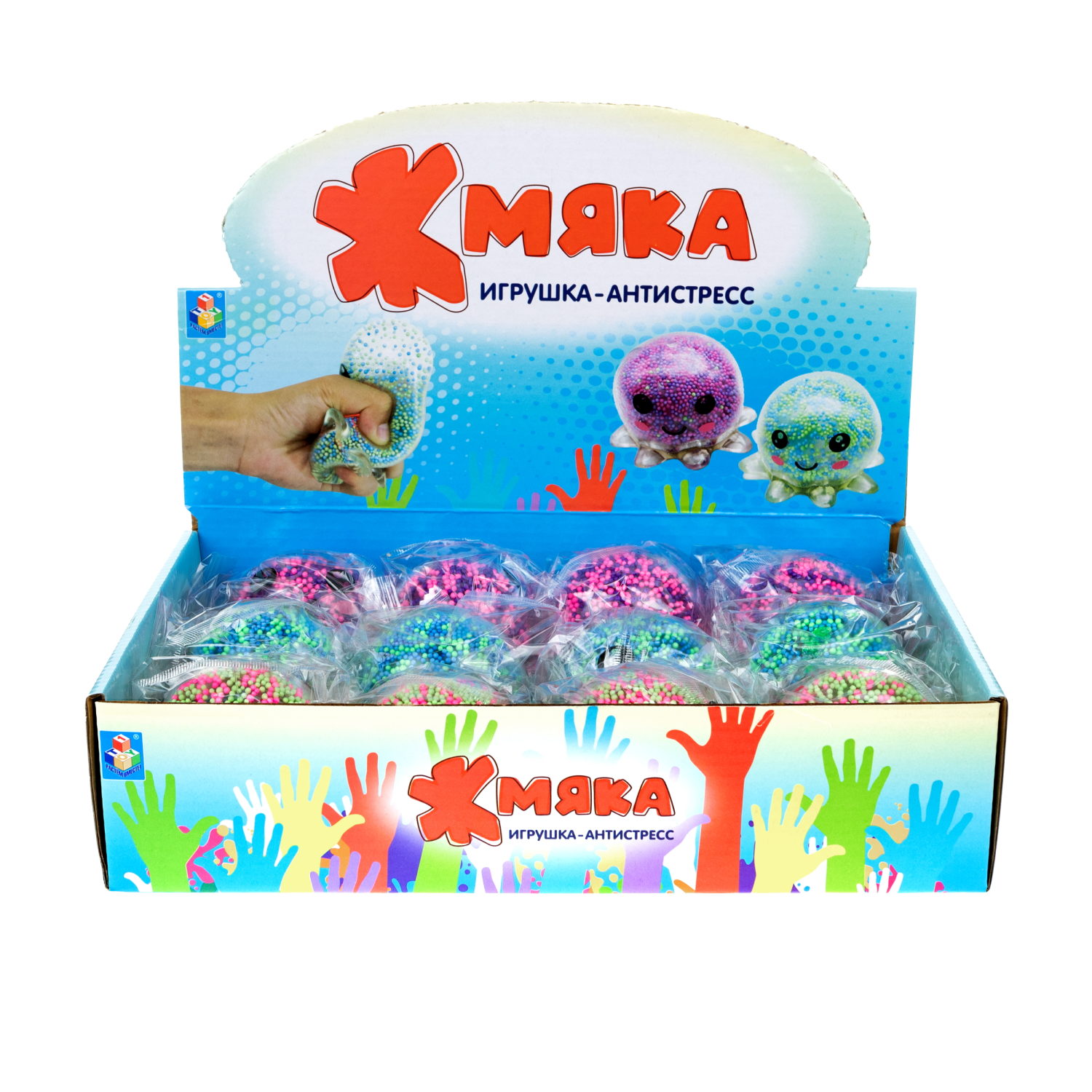 1toy Жмяка осьминог, 8х6,5 см, 3 вида в асс., 12 шт. в д/б