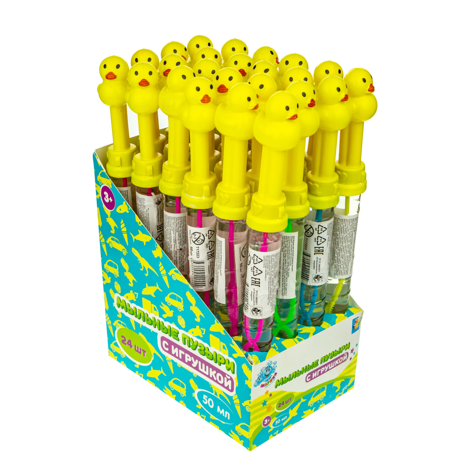 Мыльные пузыри с игрушкой 1TOY Мы-шарики! Уточка, 50 мл, 4 цвета в ассортименте