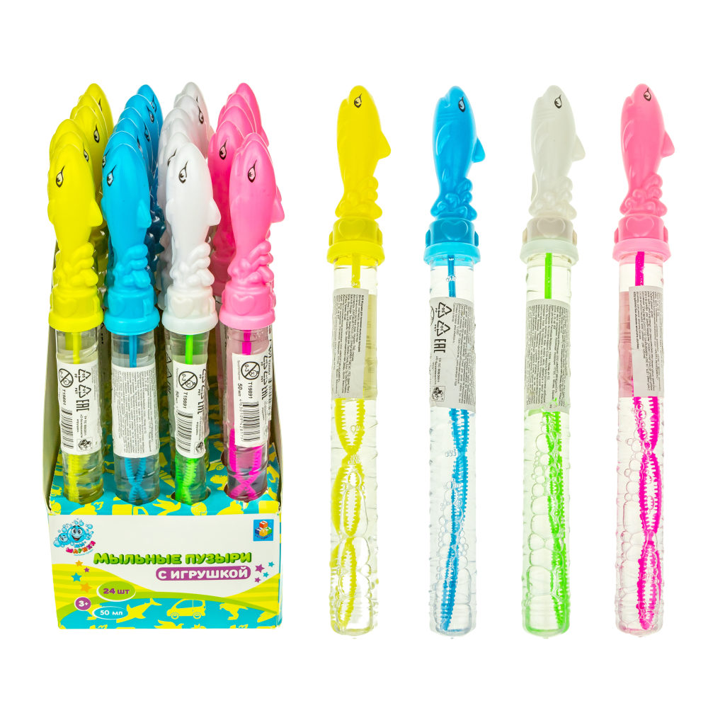 Мыльные пузыри с игрушкой 1TOY Мы-шарики! Акула, 50 мл, 4 цвета в ассортименте