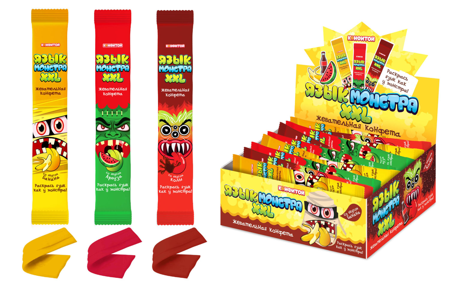 ЯЗЫК МОНСТРА XXL жевательная конфета (арбуз, кола, банан), блок 75 шт. (20г х 75 х 9)