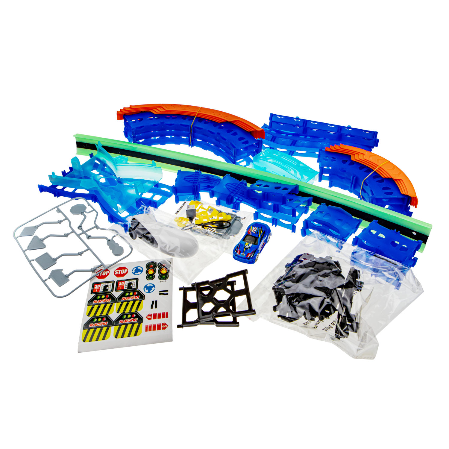 Гоночный автотрек с машинкой на пульте управления 1TOY Neotrack, дорога автомобильная, трасса, гибкий трек светящийся, 57 деталей