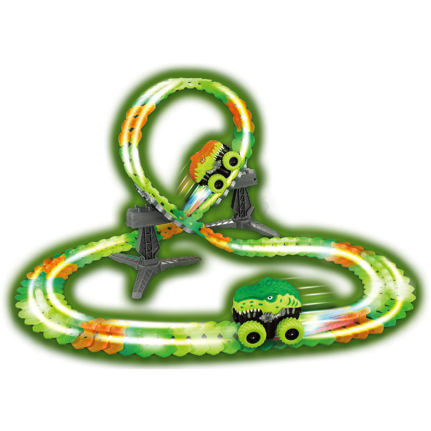1TOY NEXTREME Гибкий трек Динопарк, 112 деталей, машинка с динозавром, сменный кузов, 2 стойки