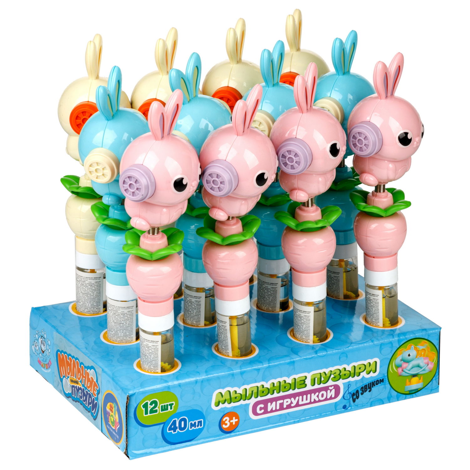 Мыльные пузыри с игрушкой-качалкой 1TOY Мы-шарики! Заяц, 40 мл, 3 цвета в ассортименте