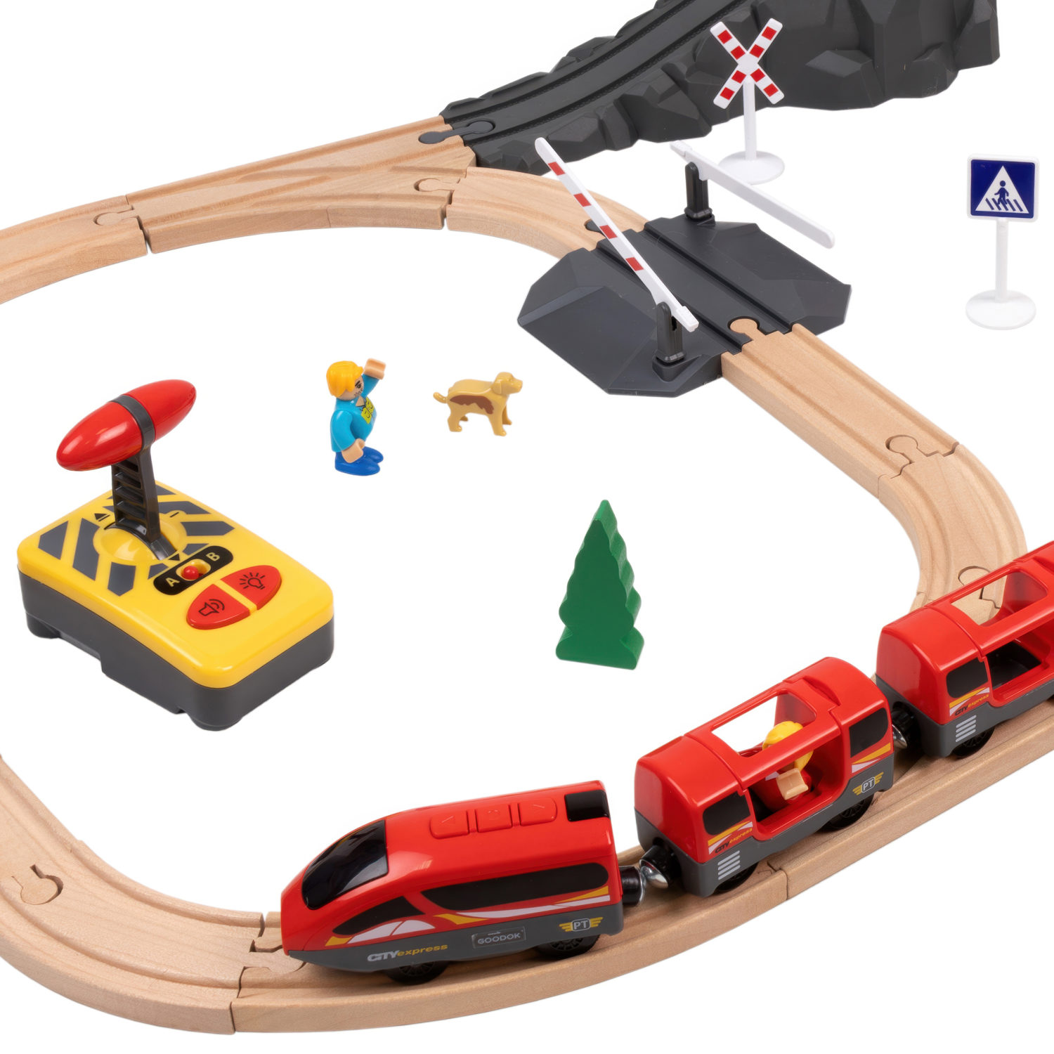 Деревянная железная дорога 1TOY GOODOK с электропоездом на пульте управления, 49 элементов