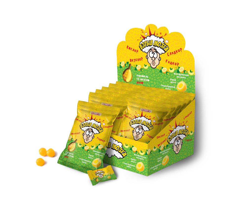 ВЗРЫВ МОЗГА карамель со вкусом дыни в пакете, блок 24 шт. (15г х 24 х 12)