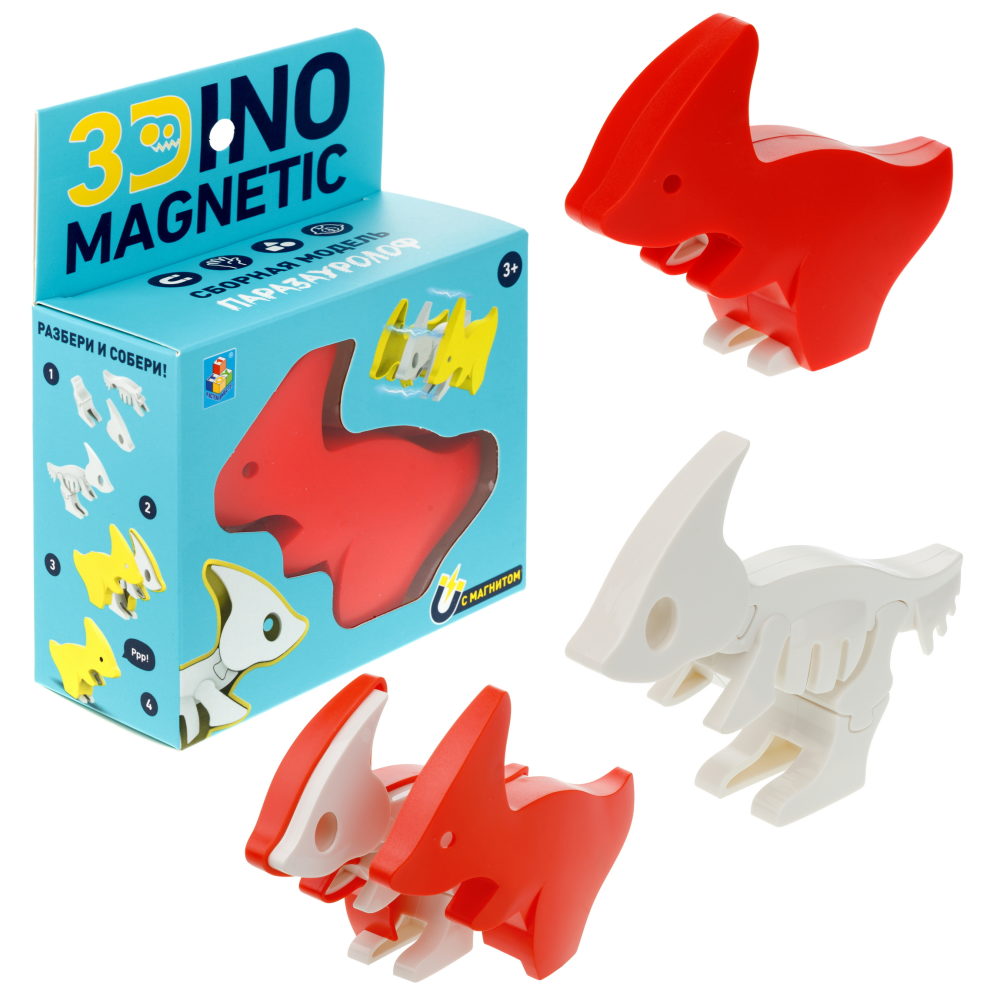 Игрушка динозавр 1TOY 3Dino Magnetic Паразауролоф, сборный, с магнитом, для развития моторики и сил рук, цвет красный