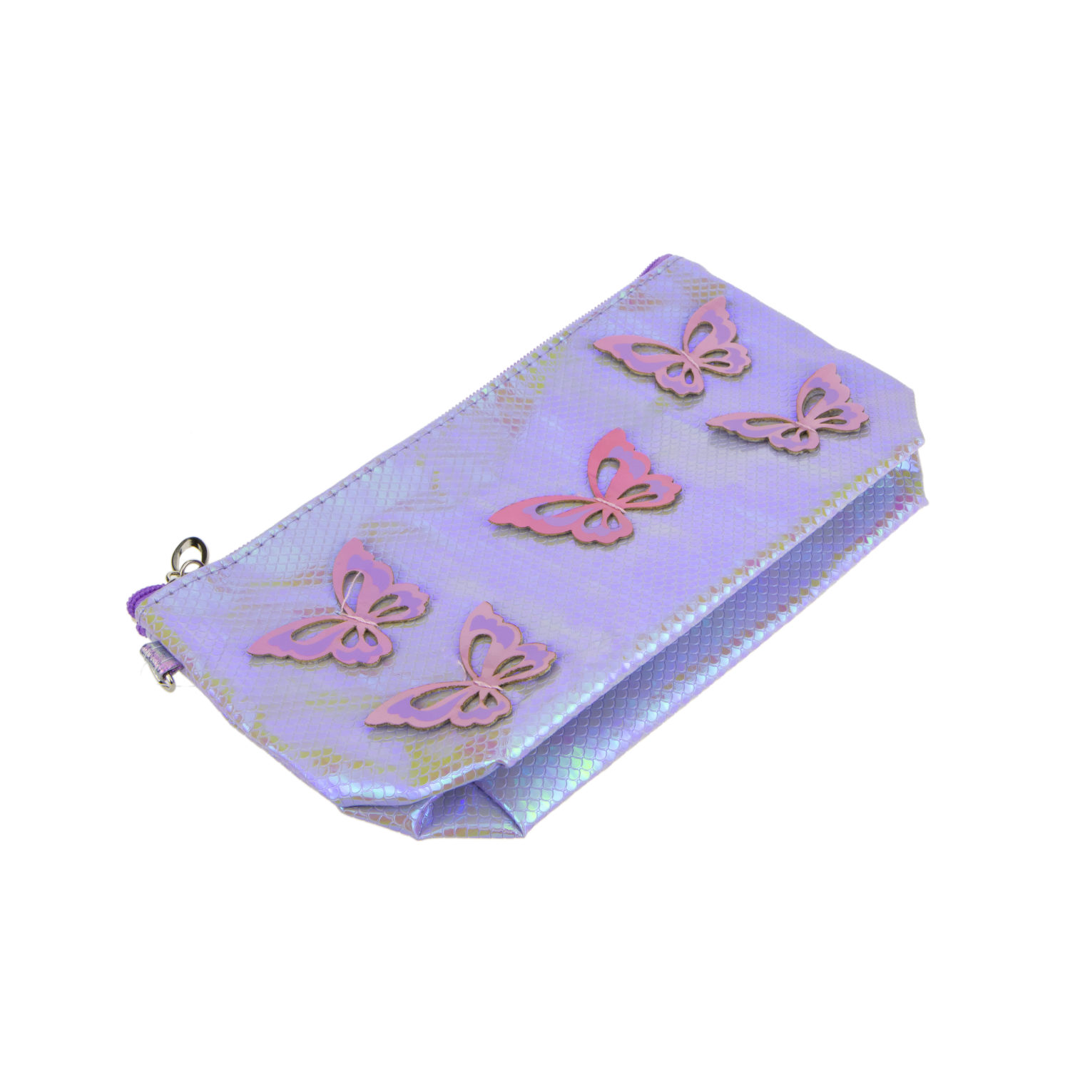 Пенал школьный, косметичка LUKKY для девочек, девушек, фиолетовая с накладными бабочками, с ремешком, 24х13 см
