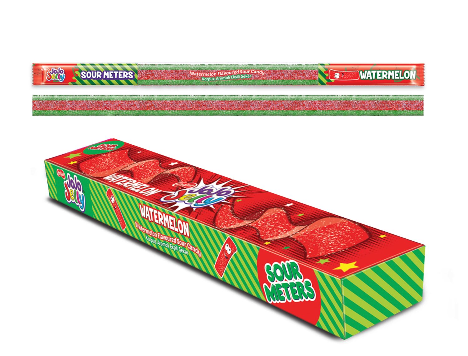 JOJO JELLY Кислые ленты арбуз жевательный мармелад, блок 48 шт. (15г х 48 х 12)