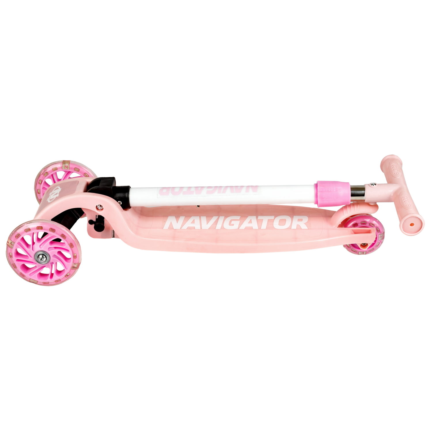 Самокат Navigator, упр.накл, PVC светящ. кол.2х110мм/80мм, складной, высота руля 58-72см, дека 36*12см, пласт ручки, пакет, розово-сиреневый