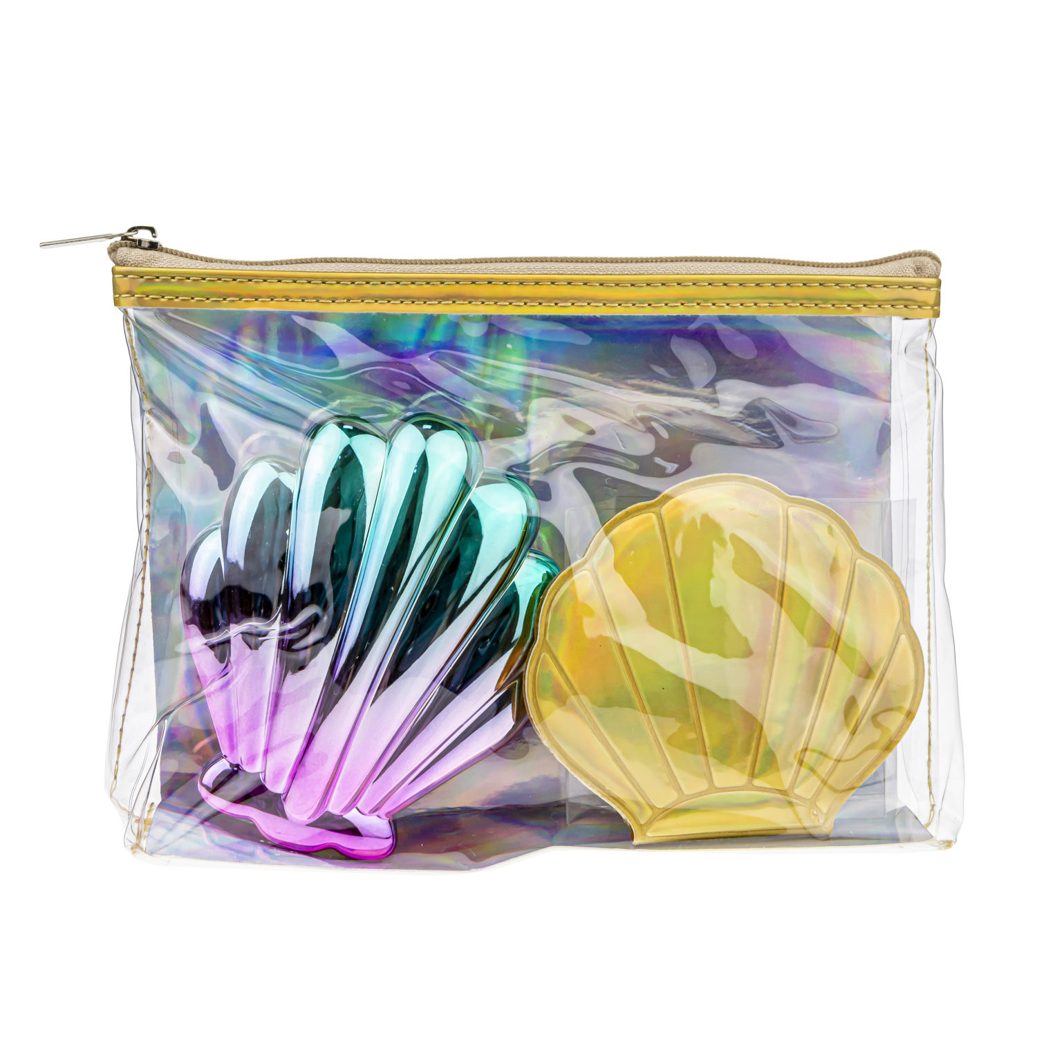 Lukky Набор 3 в 1: расческа+зеркальце "Ракушки" в косметичке, золотистый