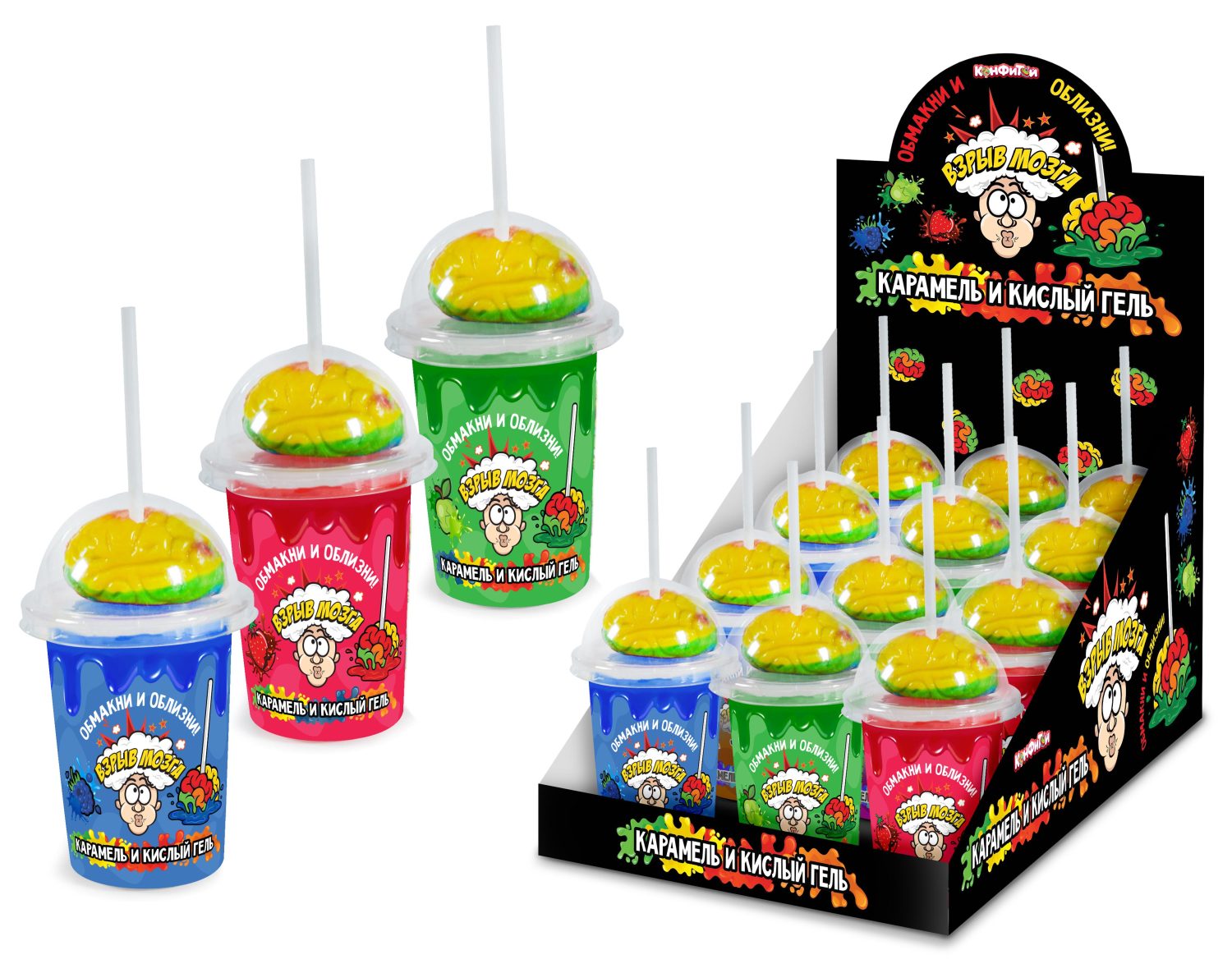 ВЗРЫВ МОЗГА карамель на палочке и кислый гель, блок 12 шт. (75г х 12 х 12)