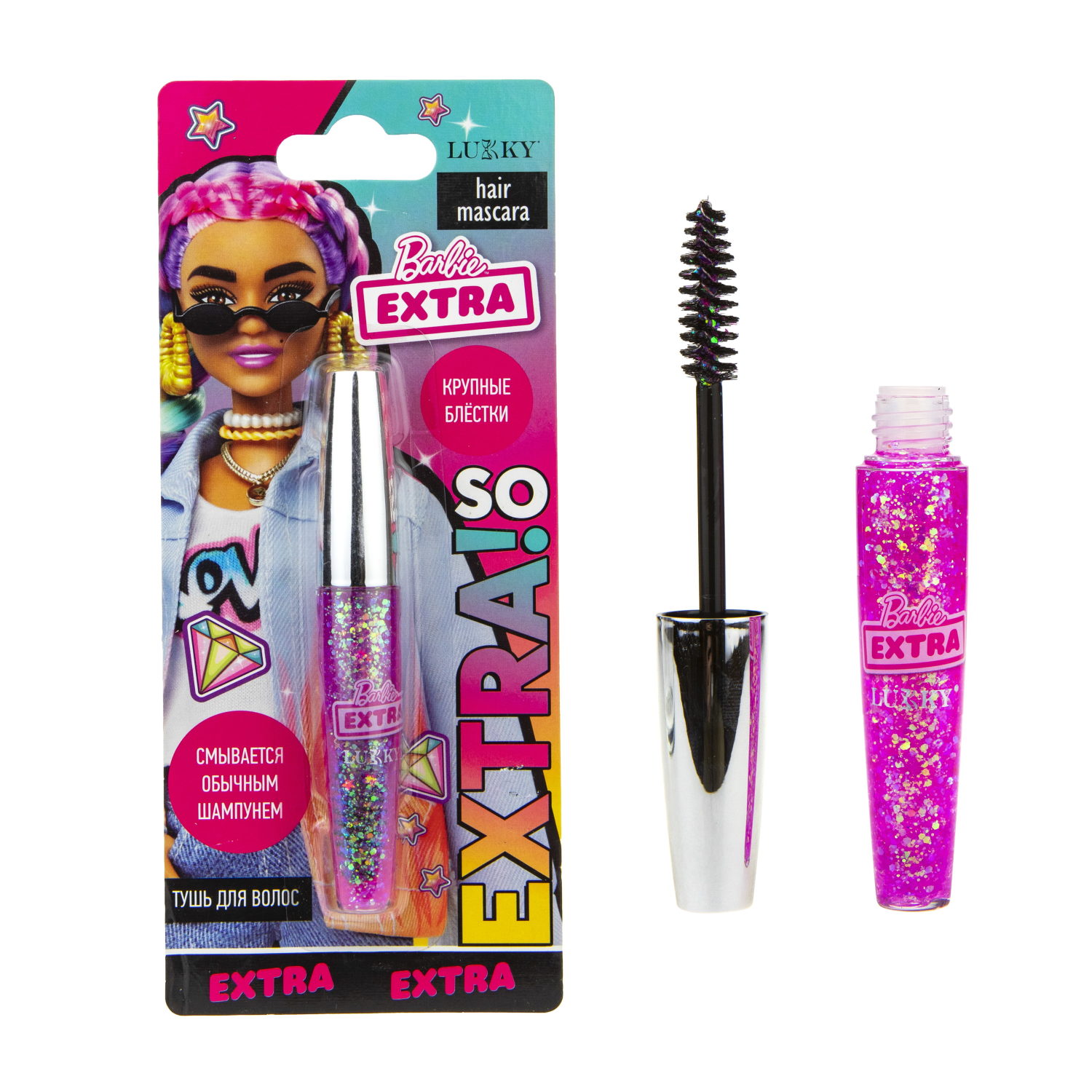 Детская тушь для волос от Barbie Extra и LUKKY с крупными голографическими блёстками разной формы, гель-глиттер для волос розовый