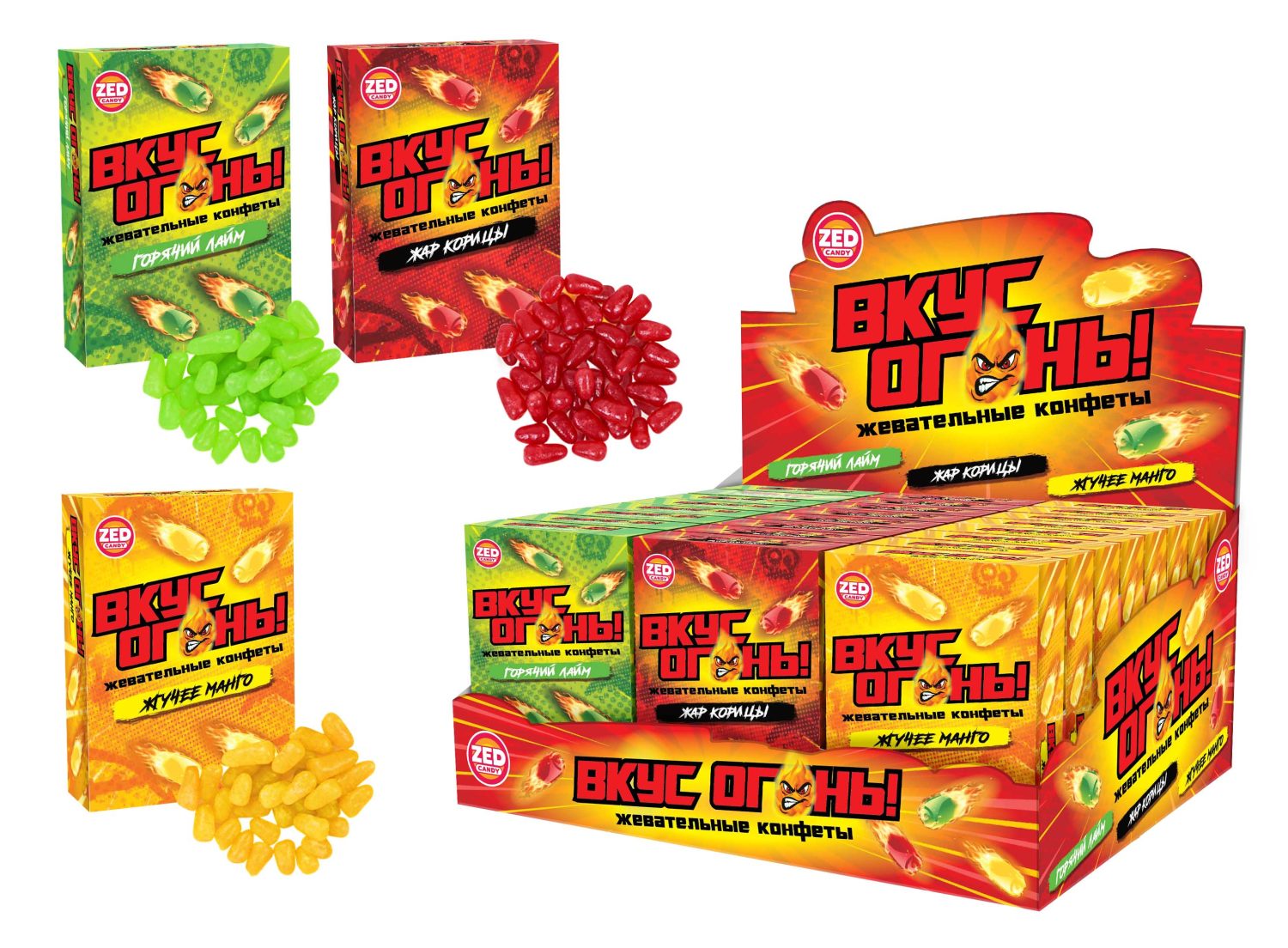 ВКУС ОГОНЬ жевательные конфеты 3 вкуса в блоке, блок 24 шт. (50г х 24 х 9)