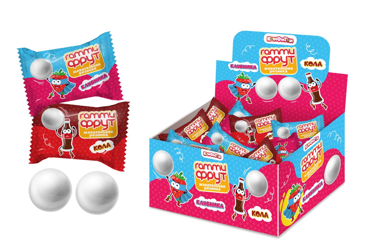 ГАММИ ФРУТ жевательная резинка (кола, клубника), блок 100 шт. (3г х 100 х 20)