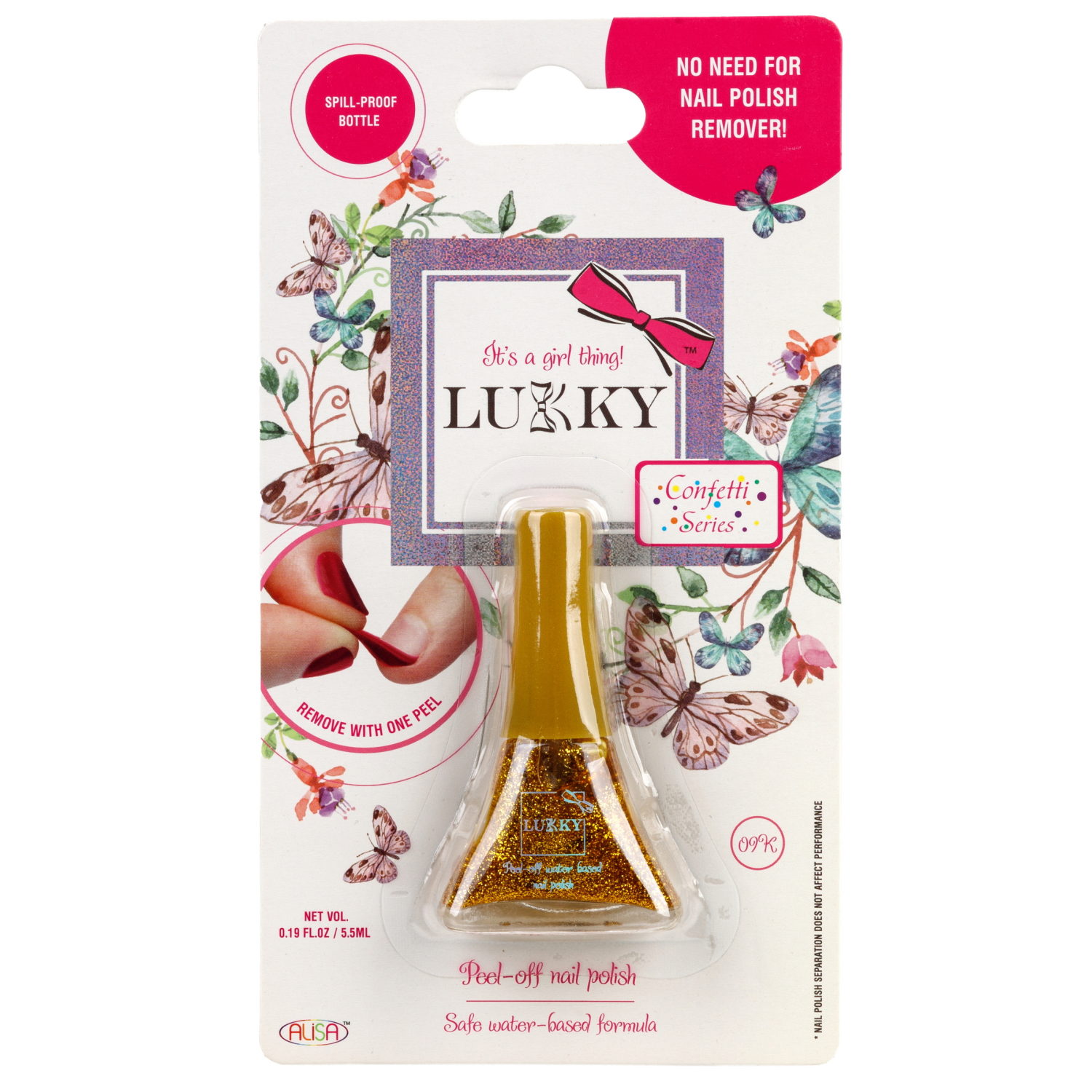 Детский лак для ногтей на водной основе с блестками Lukky, Конфетти, безопасный, цвет 09К, желтый, блистер, 5,5 мл