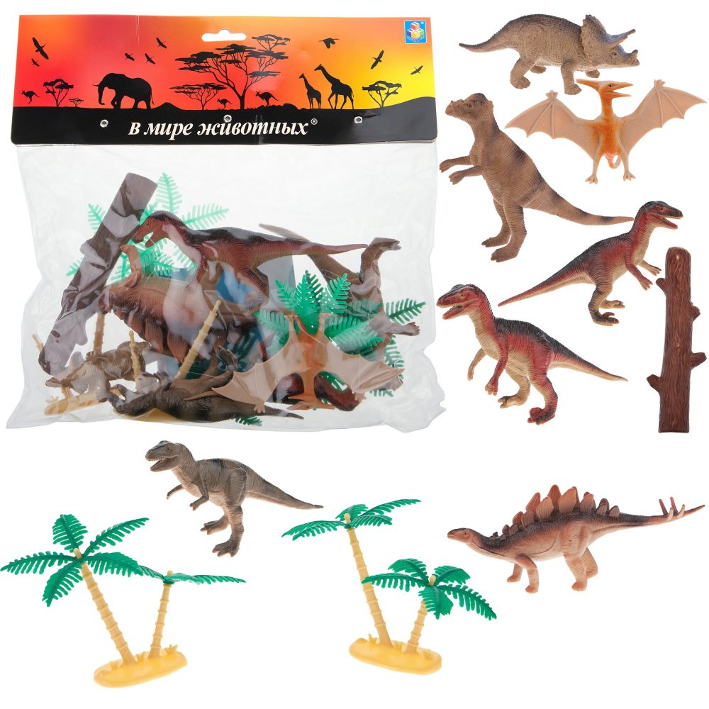 Игровой набор 1TOY "В мире животных", фигурки динозавров: пальмы, тираннозавр рекс, птерозавр, трицератопс, 11 шт., 10-21 см