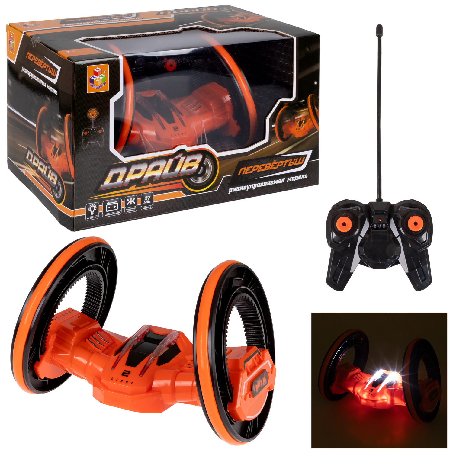 Машинка на пульте управления 1TOY Драйв перевертыш, трюковая, радиоуправляемая, трюкач, оранжевая