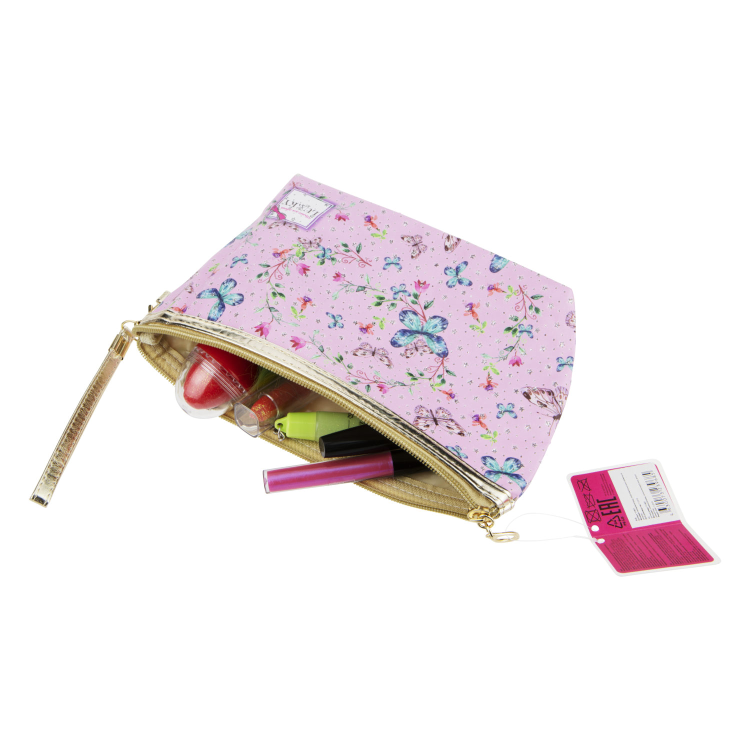 Косметичка LUKKY розовая с принтом и блёстками, 24х7 см