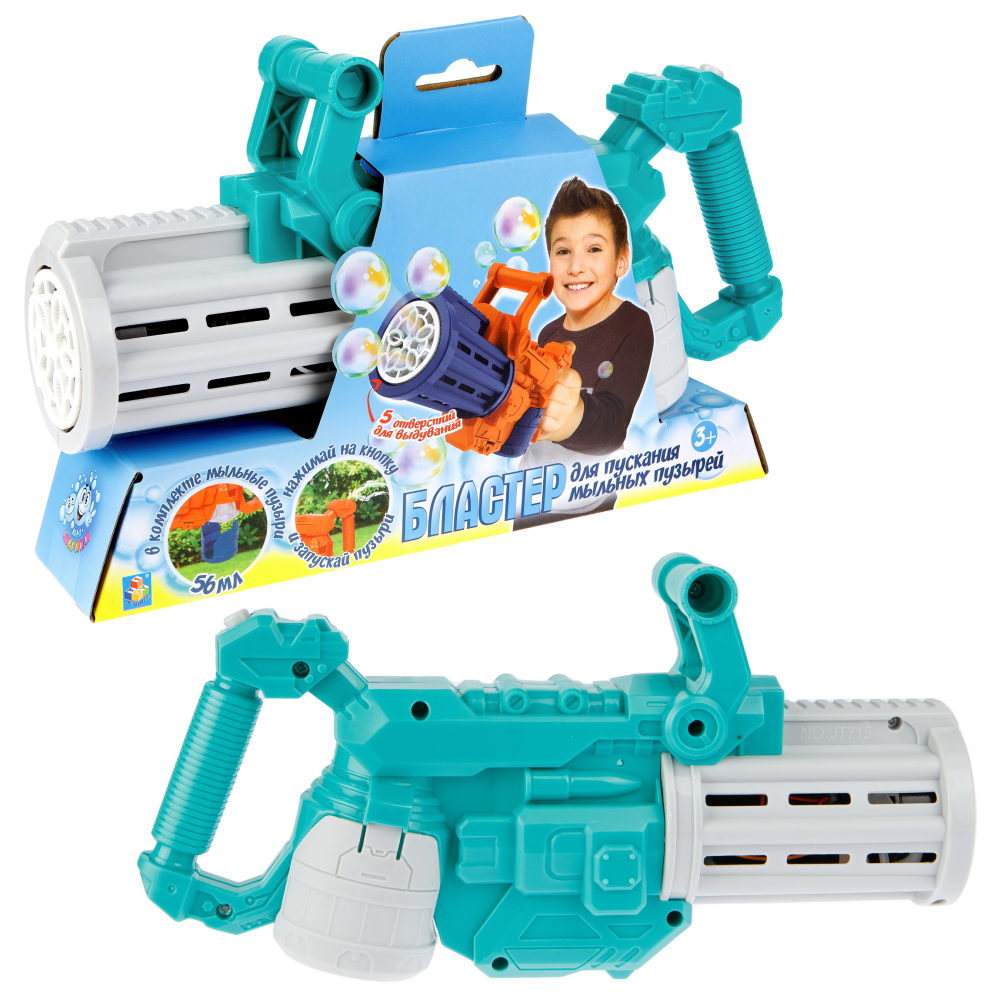1toy Мы-шарики! игрушка для пуск. мыл. пуз. на бат. Бластер, 56 мл,коробка, бирюзовый