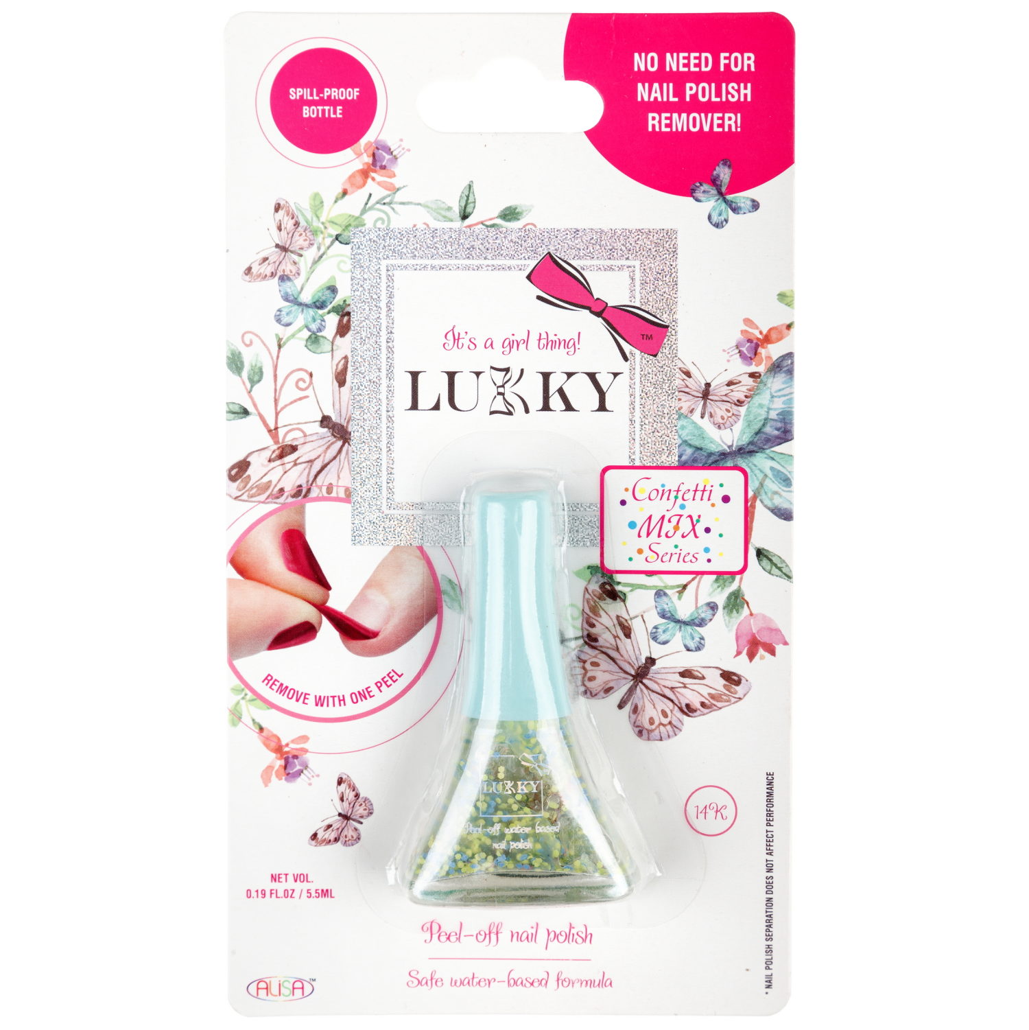 Детский лак для ногтей на водной основе с блестками Lukky, Конфетти-Микс, безопасный, микс голобой, золотистый со звёздочками, блистер, 5,5 мл