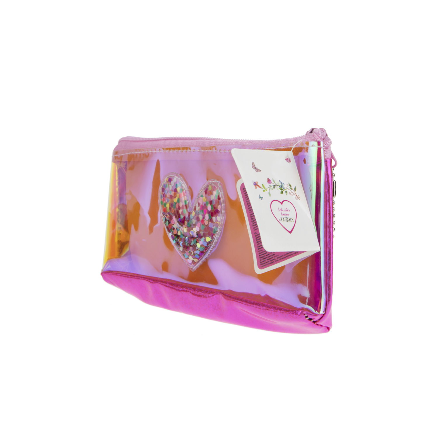 Пенал школьный, косметичка LUKKY для девочек, девушек, голографическая, с аппликацией сердца, 21х10 см