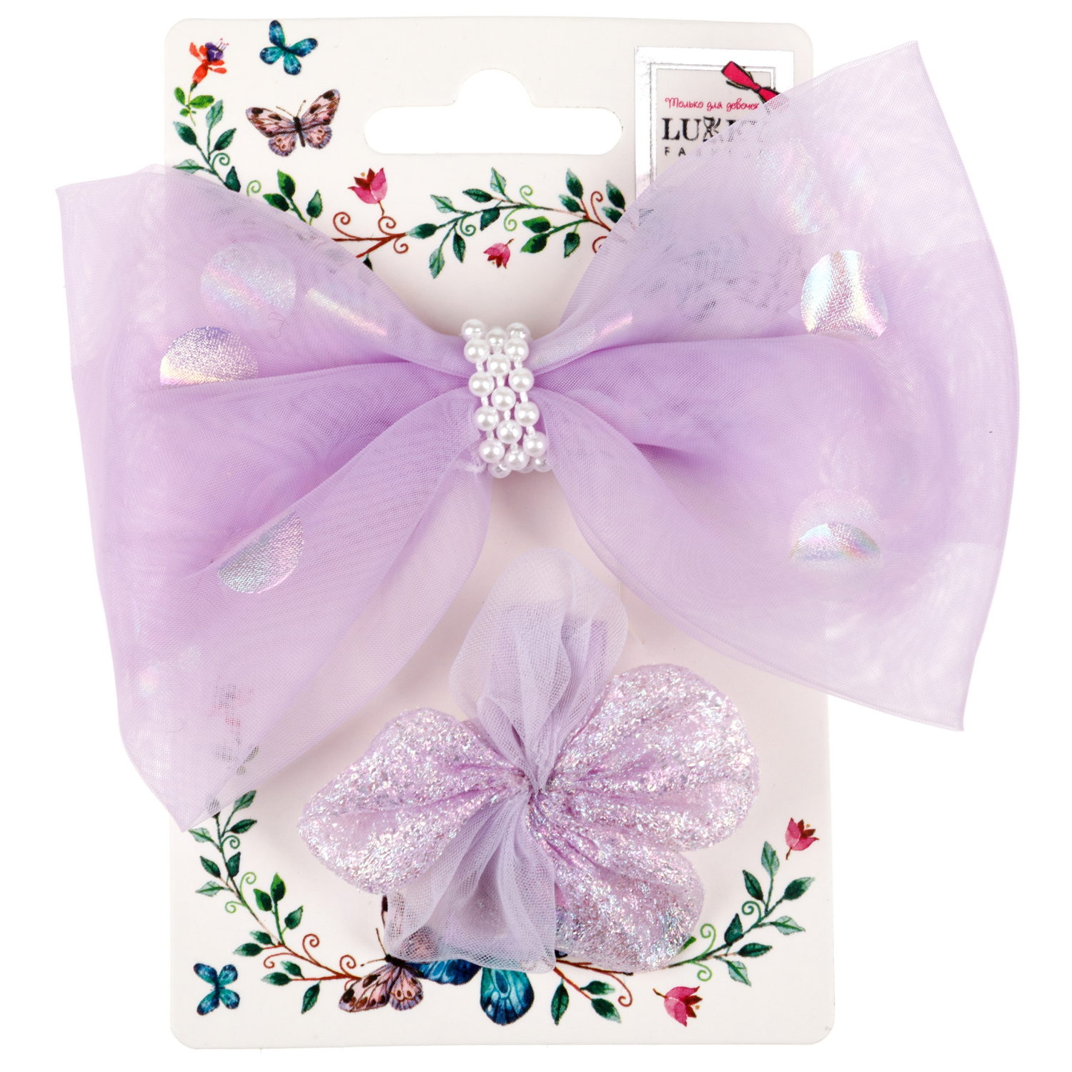 Lukky Fashion набор из 2 заколок-зажимов д.волос Бантик и Цветок Шифон и Шёлк,4 цв.микс