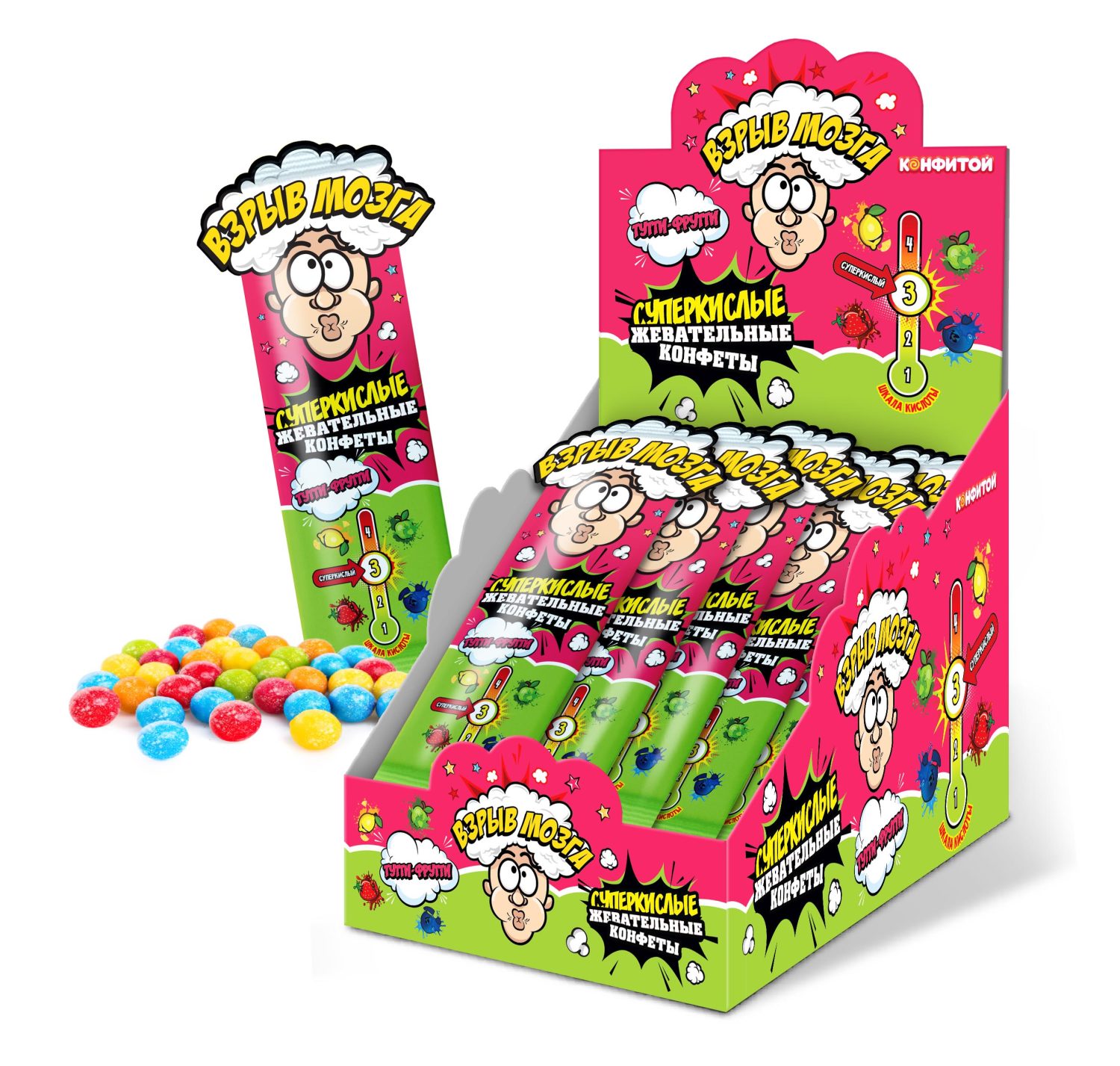 ВЗРЫВ МОЗГА суперкислые жевательные конфеты, блок 24 шт. (10г х 24 х 20)