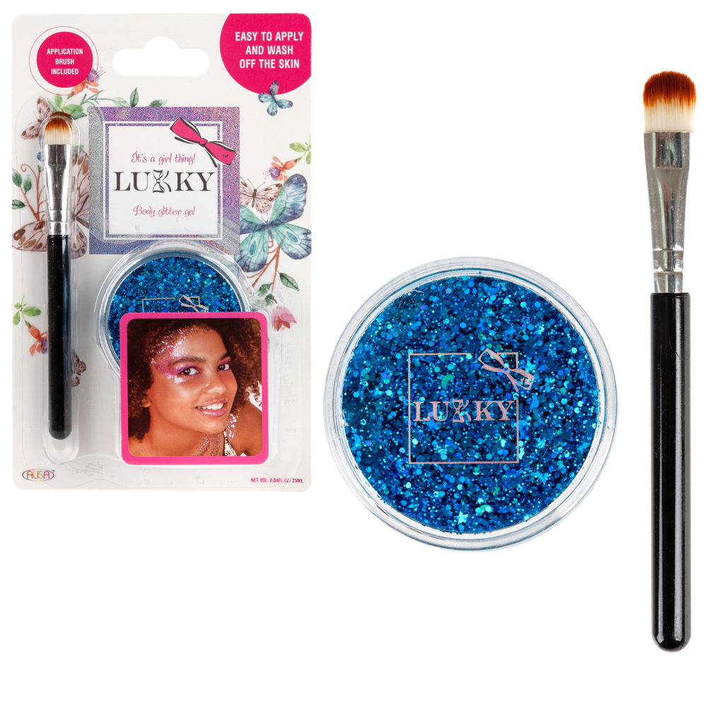 Гель-глиттер для лица, тела, волос LUKKY, блестки синие, в наборе с кисточкой для макияжа