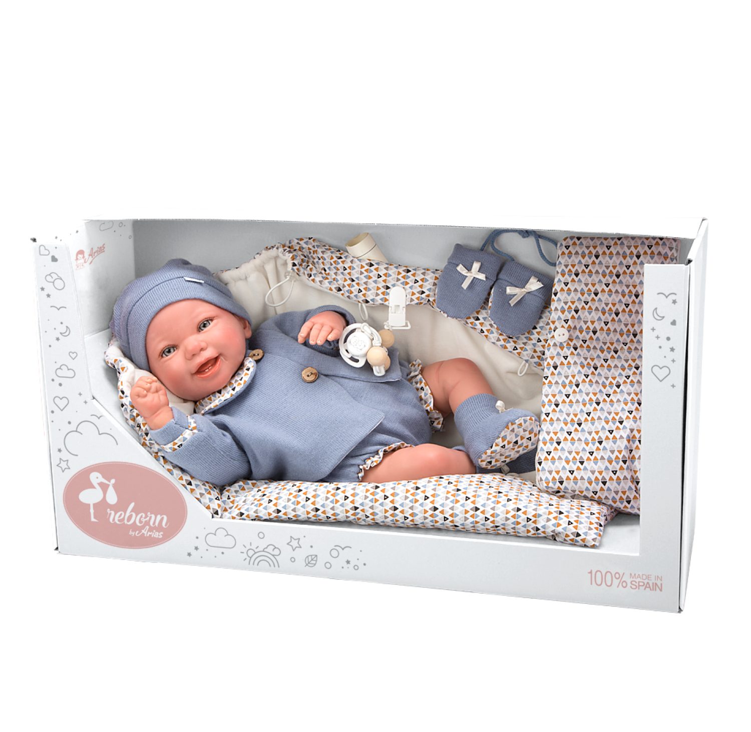 Новорождённый пупс Arias Reborns Daniel 45 см, мягкое тело, реалистичный, с соской на подвеске и спальным конвертом