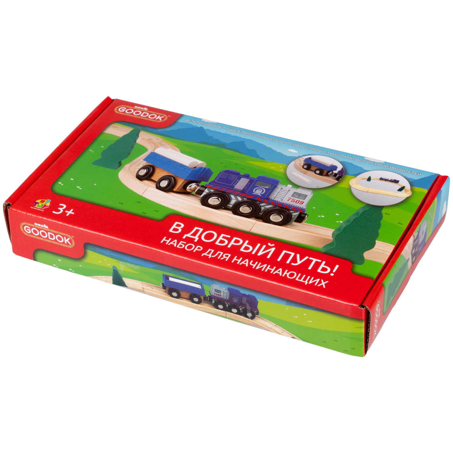 1TOY Goodok наб. ж/д базовый "В добрый путь!" с синим дерев.грузовым локомотивом с вагоном с 3 бревнами,16 дет.,кор.